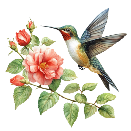 Watercolor hummingbird and roses